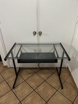 Metal Office Desk With Glass Tabletop & Keyboard Tray.