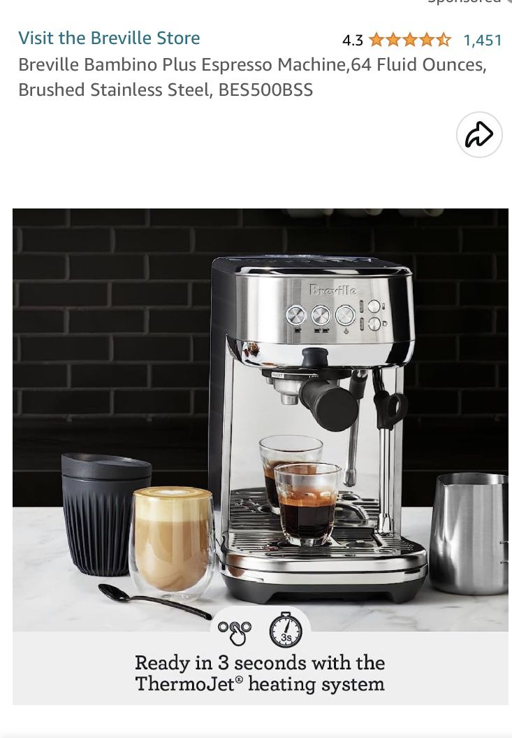 Breville Bambino Plus Espresso Machine,64 Fluid Ounces, Brushed Stainless  Steel, BES500BSS