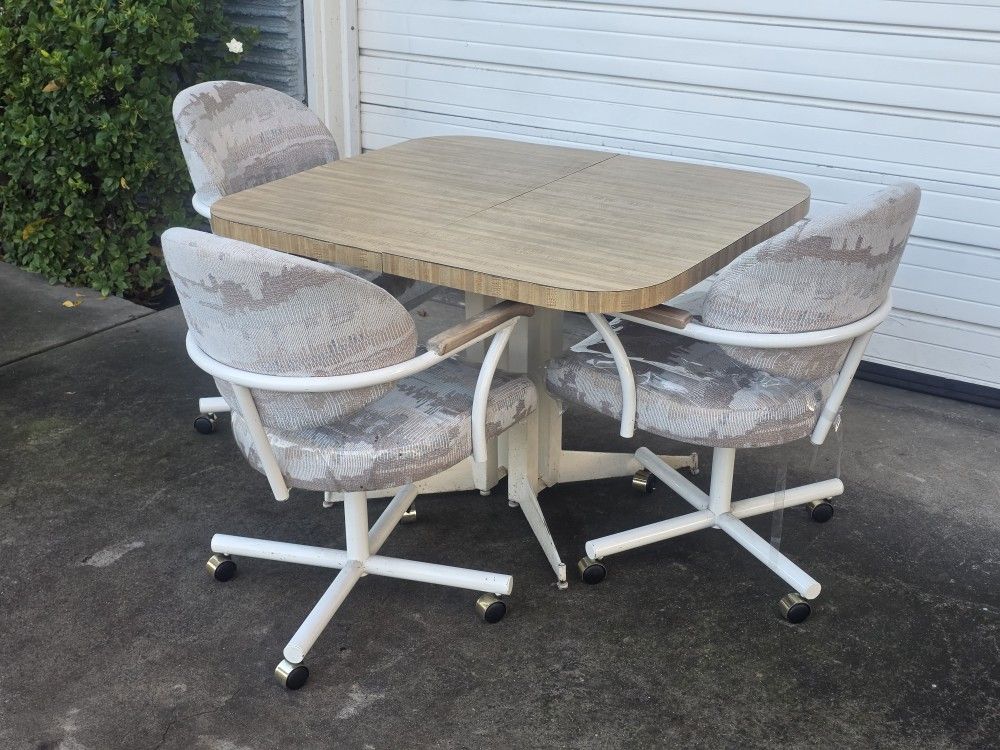 Retro Dining Table Set with 3 Rolling Chairs + 2 Leaf Extensions