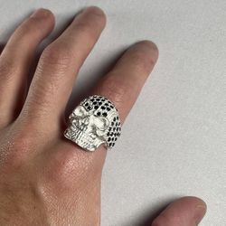 100% Solid 925 Sterling Silver Iced Black Skull / Cranio Calavera Ring Size 10