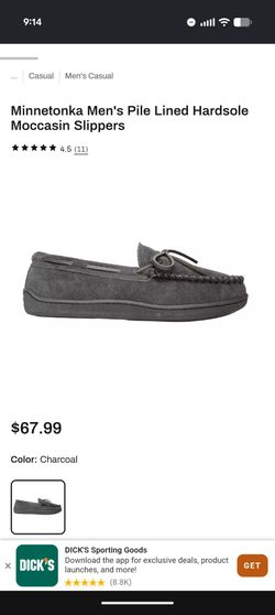 Minnetonka Men’s 8M Pile Lined Hardsole Moccasin Slippers Dark Gray Suede 41329