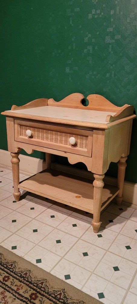 Wood Bedside Table Nightstand with Rattan Drawer & Shelf