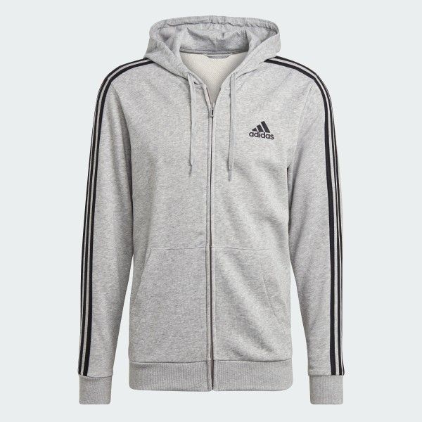 NEW adidas men Essentials French Terry 3-Stripes Full-Zip Hoodie Grey Heather Small adult