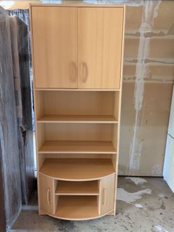 Tall Beech Wood Bookcase with Cabinet Doors