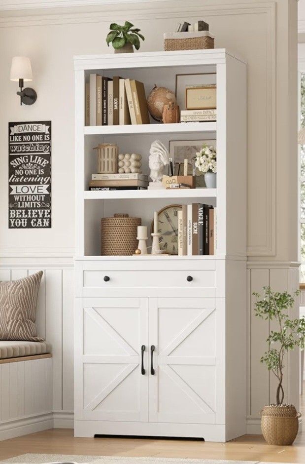 HOSTACK 72" Tall Book Shelf and Bookcase, 14" Deep Bookshelf with Drawer and Doors, Farmhouse Book Case with Storage, Wood Storage Cabinet with Displa