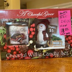 A Cheerful Giver Cheerful Willie Candle Set Includes Balsam For Scented 6oz Candle And Snowman Figurine. New In Box! Perfect Christmas Gift! 
