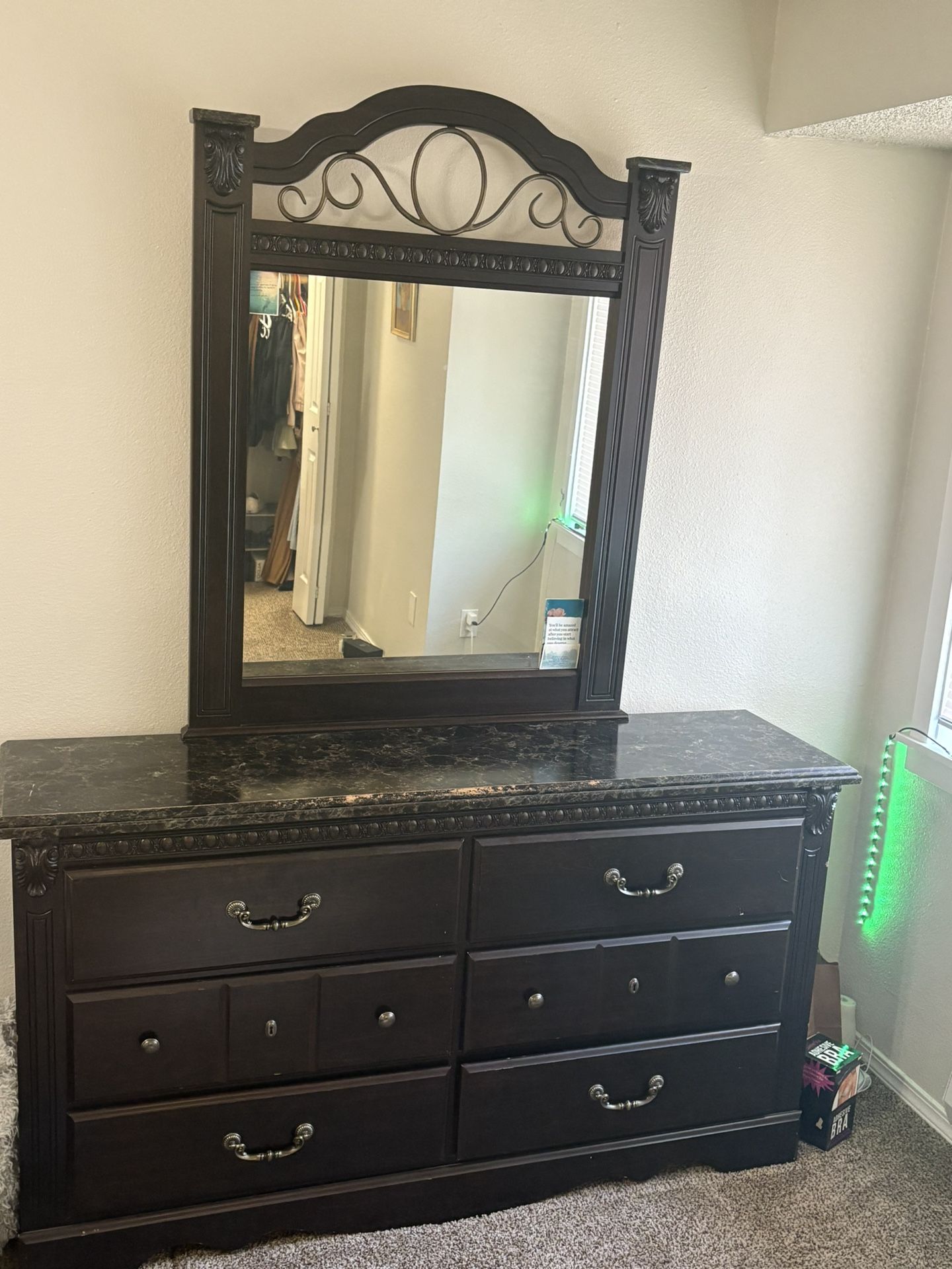 Dark brown dresser with mirror and night stand set