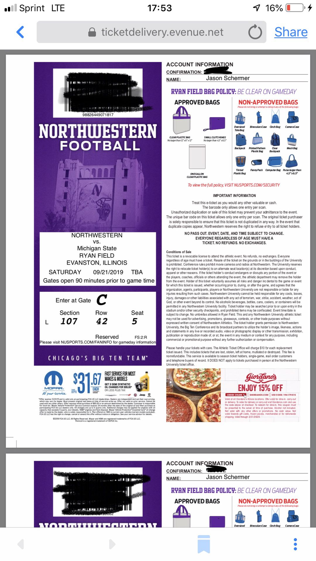 Two tickets for northwestern football game tomorrow at 11am