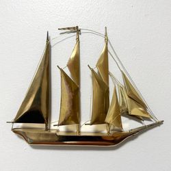 Vintage Mid Century Modern MCM Brass Sailboat Wall Hanging Sculpture Decor