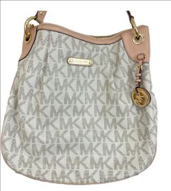 Michael Kors Hobo Bag Jet Set Monogram Pleated White Tan Signature MK Logo