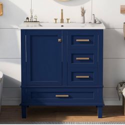 Bathroom Vanity, Modern Bathroom Cabinet with Sink Combo Set, Bathroom Storage Cabinet with a Soft Closing Door and 3 Drawers, Solid Wood Frame(Blue)