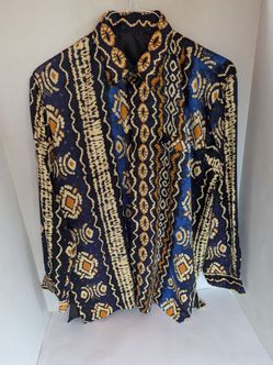 Long-sleeve Indonesia shirt  Batik Sz L Blue Golden Beige Custom Men Handmade