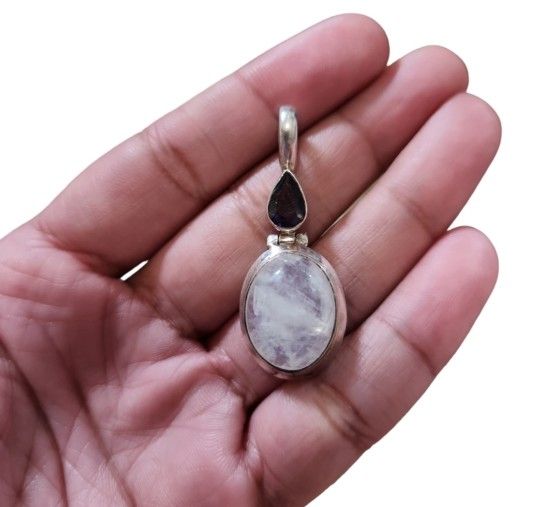 925 Sterling Silver Moonstone Amethyst Pendant 1.75"