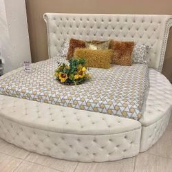 Brand New// Brigitte Ivory Queen Upholstered Storage Panel Bed Frame//King Size Available,  Mattress Sold Separately 