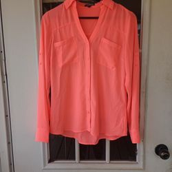 V Neck Convertible Sleeve Shirt by Express Sz S Neon Orange