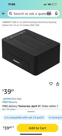 Sabrent USB 3.1 To SATA Dual Bay Hard Drive Docking Station