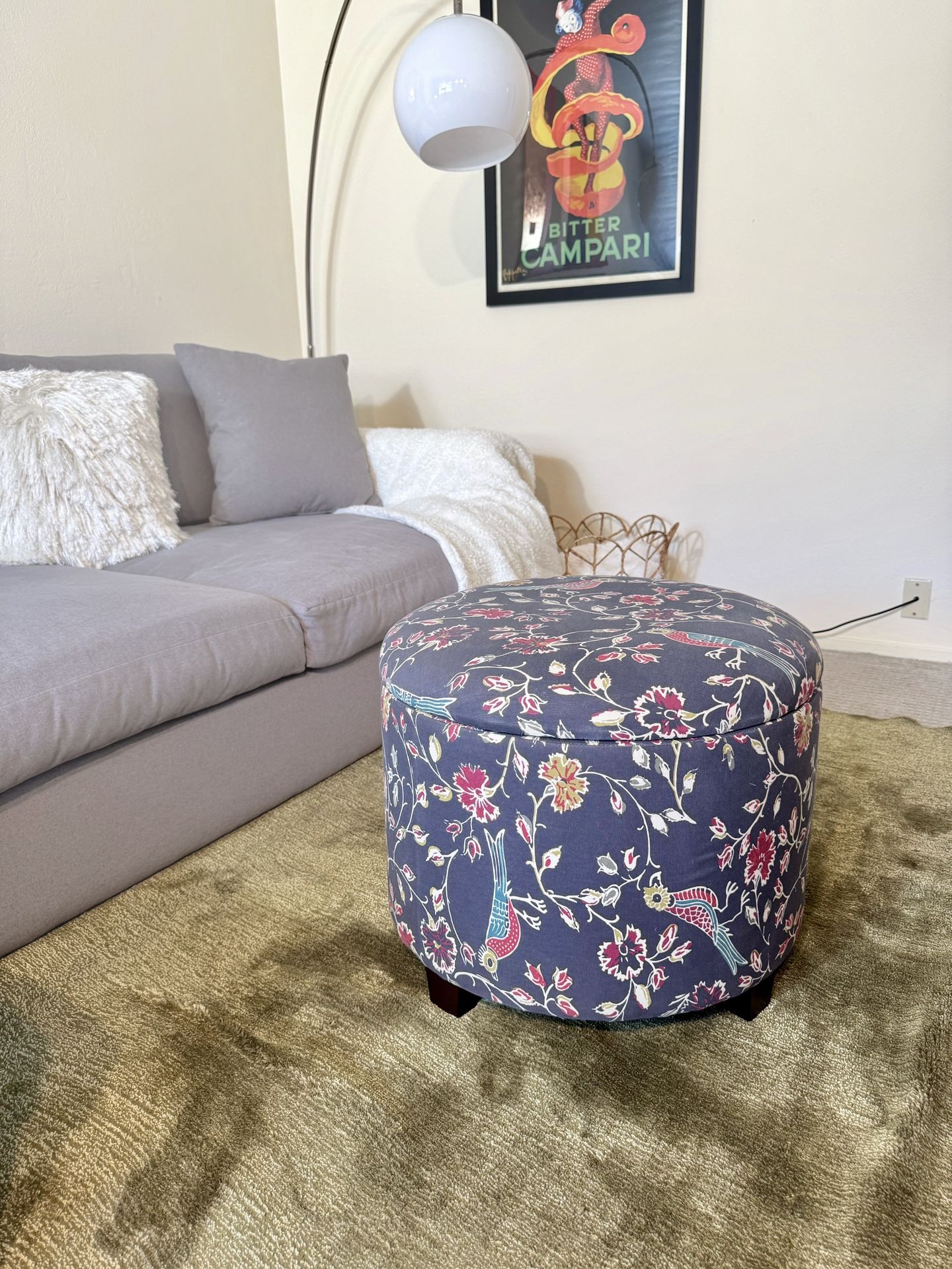 Round Navy Storage Ottoman with Floral Print
