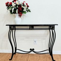 Vintage French Provincial Black Metal Glass Rectangular Ornate Console Entryway Table Entry Way Hallway Sofa Couch