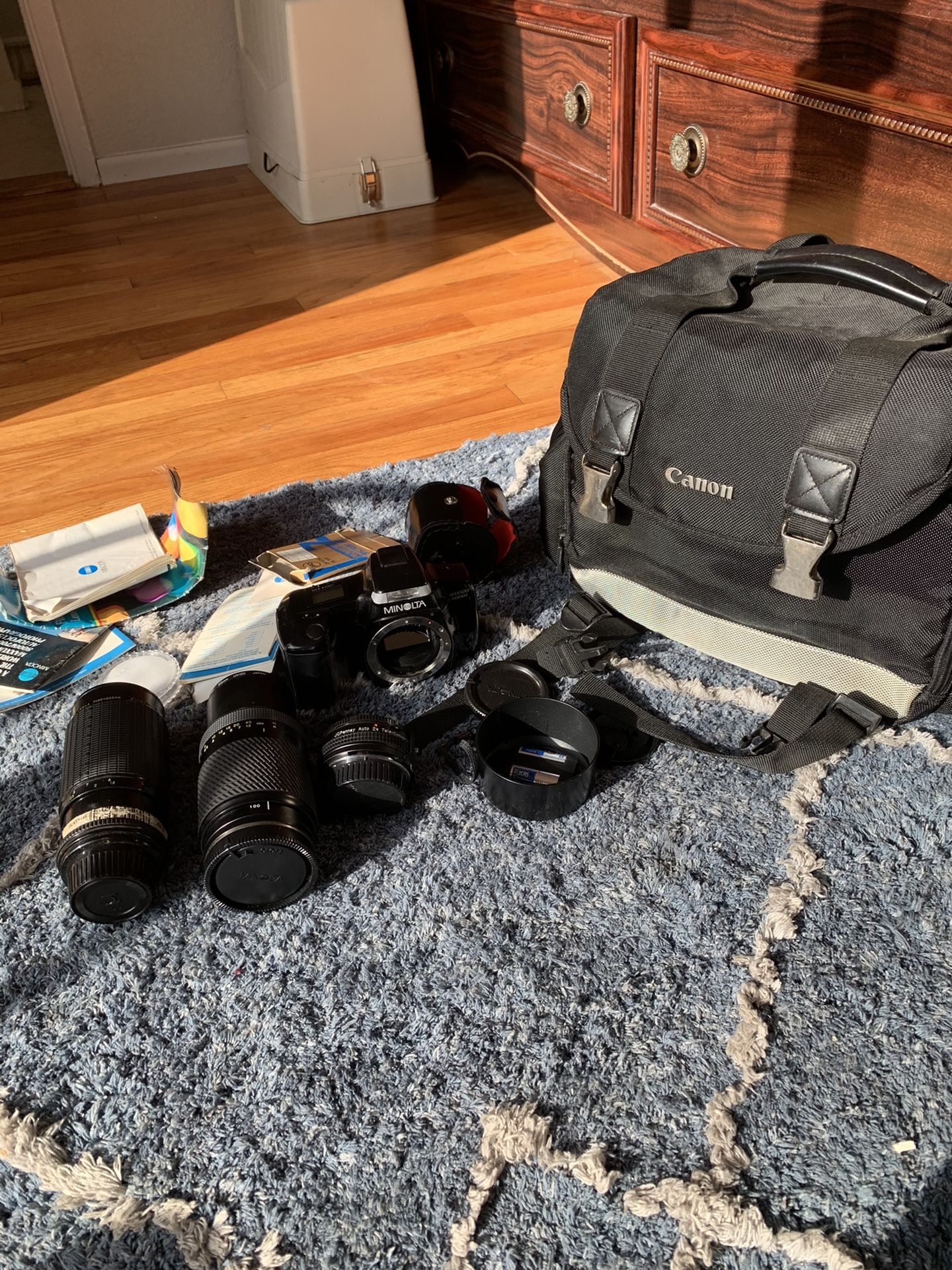 Camera bag with camera and lenses