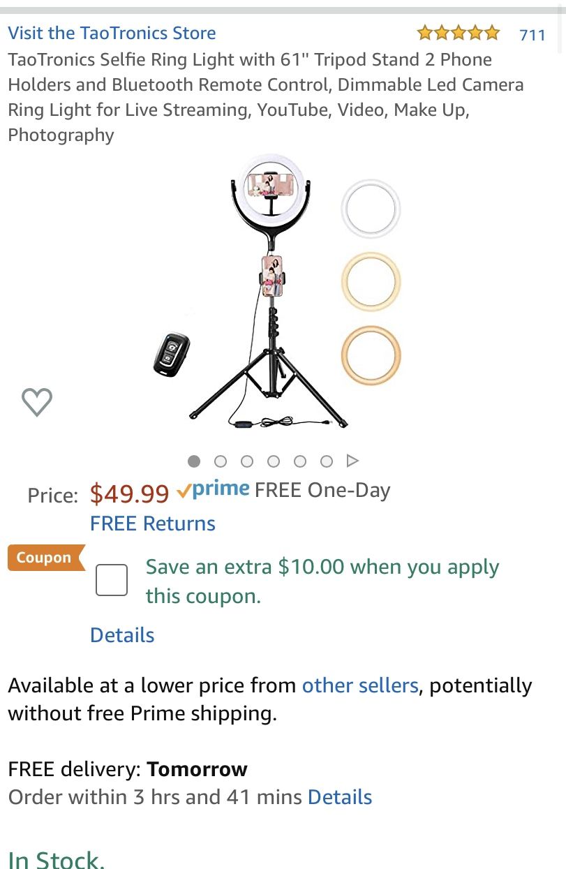 10” Selfie ring light with 61” tripod stand 2 phone holder