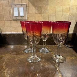 Lot 4 Hand Blown Red & Clear Tall 8 3/8" Lrg Wine Glass Goblet Etched Starburst
