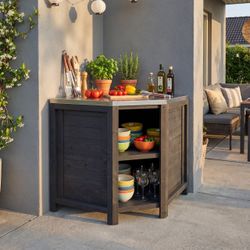 Famapy Outdoor Solid Wood Corner Cabinet with Stainless Steel Top Weather Resistant Patio Prep and Storage Station European Spruce Wood Water Based Ou