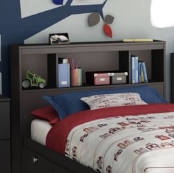 📚 Kid’s Twin Bookcase Headboard – Black Functional Storage | New