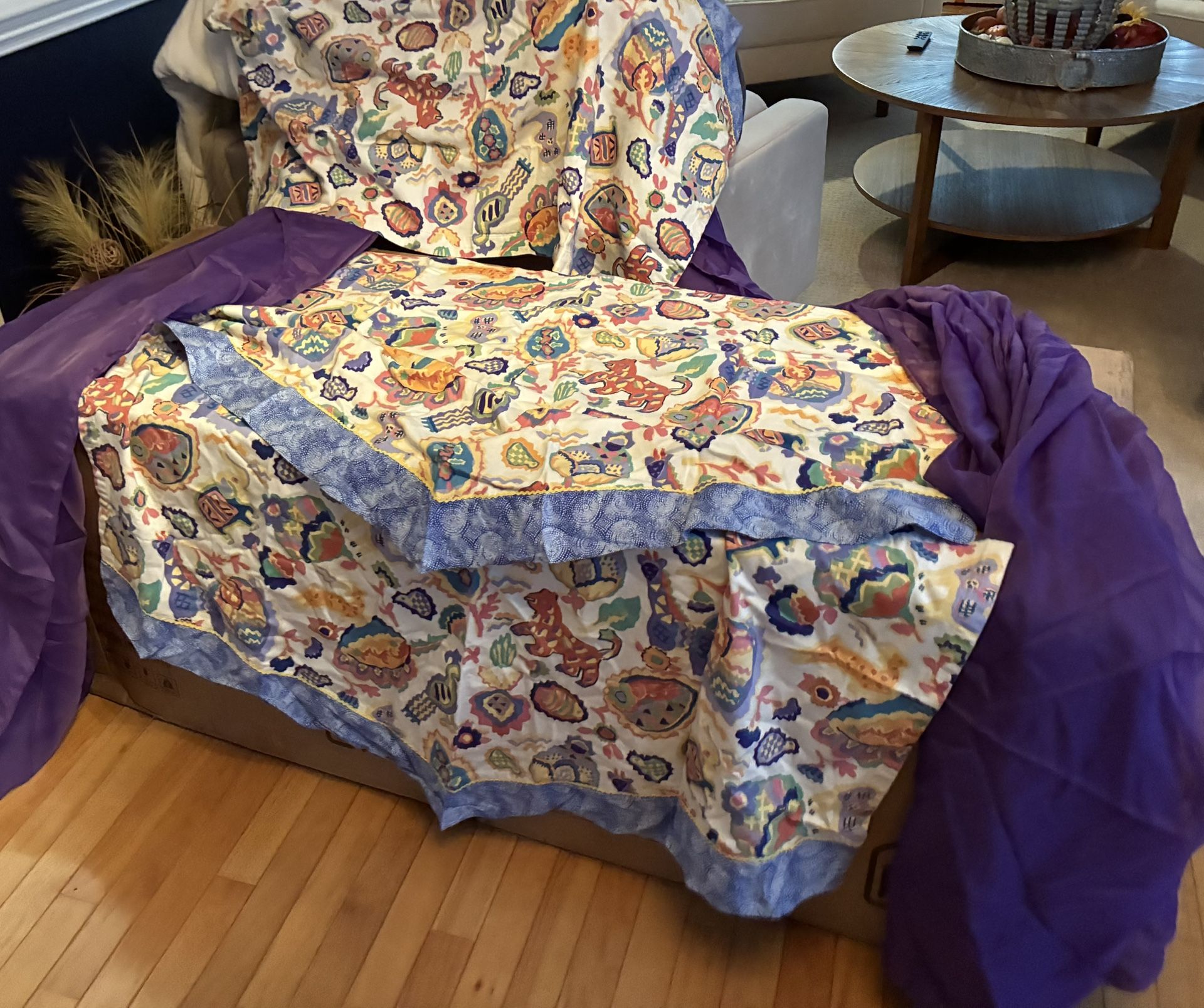 Three Colorful Valances And Pair Of Sheers 