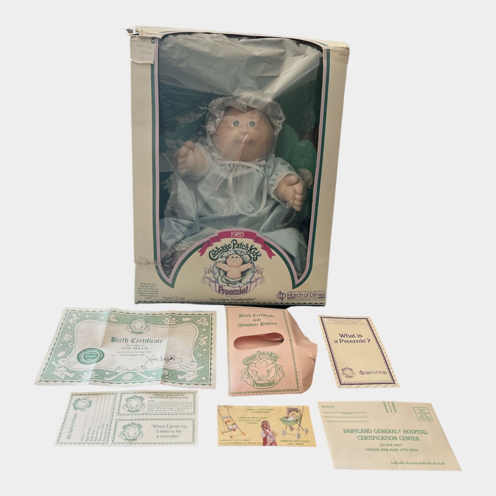 Vintage 1985 Cabbage Patch Kids Girl Doll Preemie March Of Dimes Box Papers