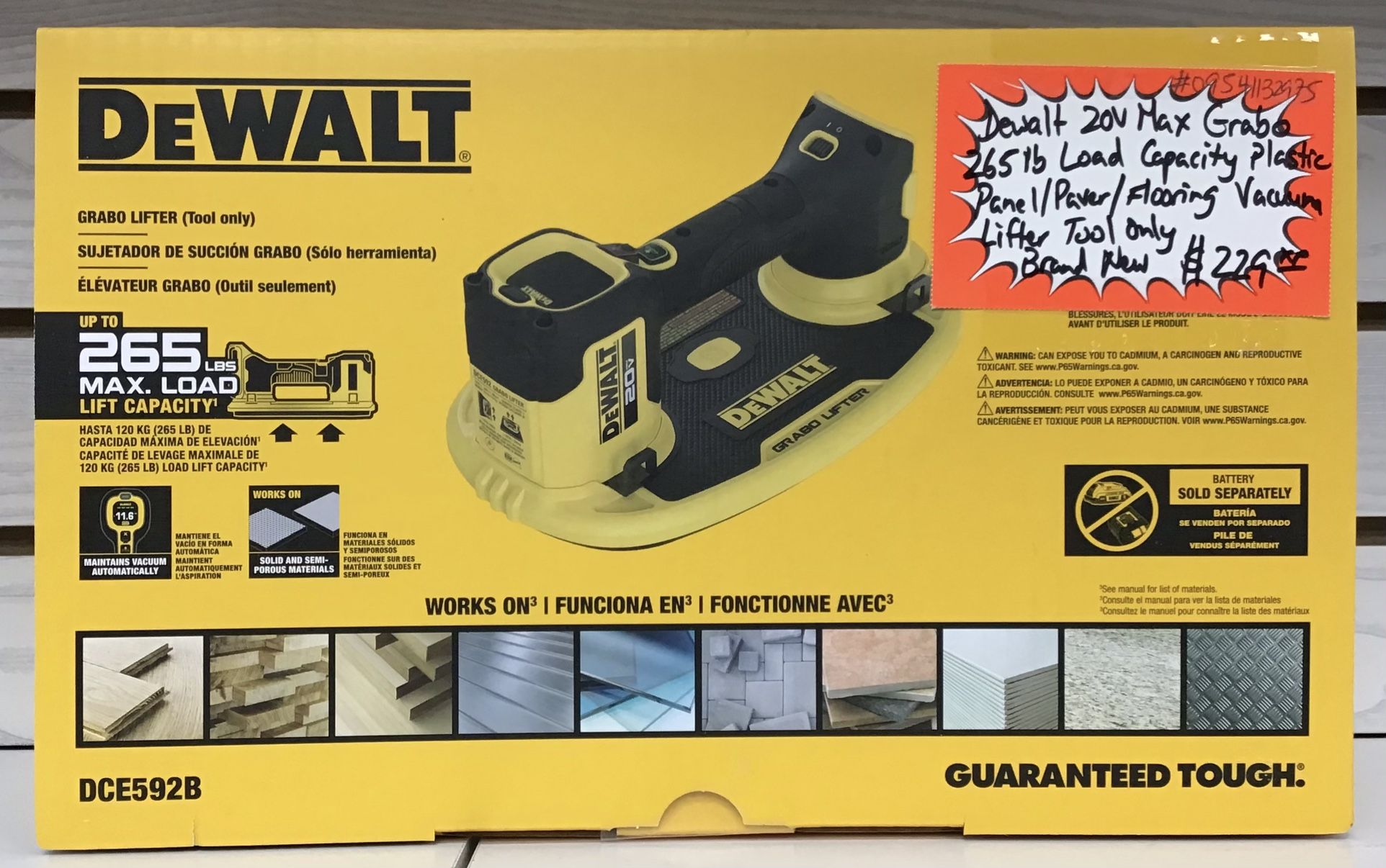 Dewalt 20V Max Grabo 265lb Load Capacity Plastic Panel/ Paver/ Flooring Vacuum Lifter Tool Only Brand New