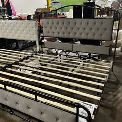 New King Size Grey Metal Bed Frame with Velvet Upholstered Headboard and Footboard