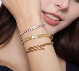 Gold Tone Tennis Bangle Stack 3 Set Bracelet