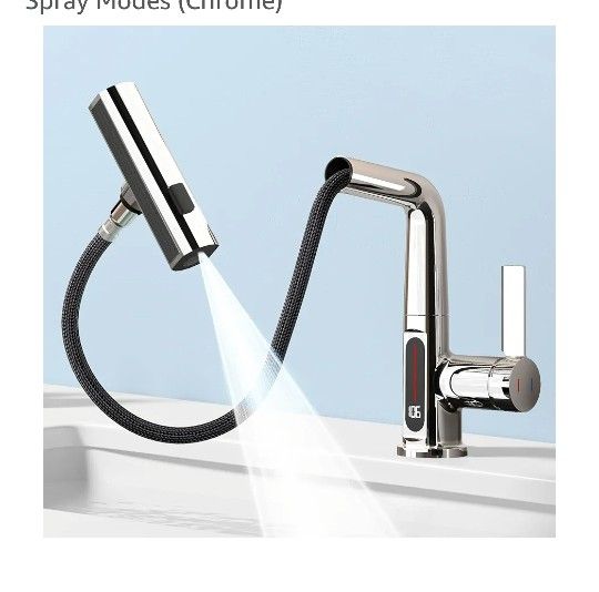 Bathroom Sink Faucet 1 Hole with Temperature Display, Single Hole Rotatable Bathroom Faucet with Pull Out Sprayer, Modern Pull Down Faucet with 360°Sw