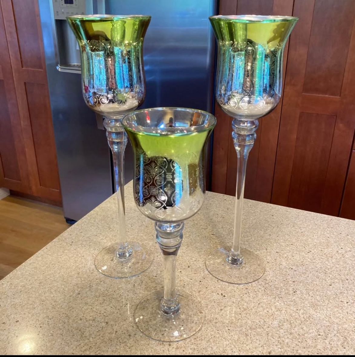 Pier 1 Holiday Christmas Green Silver Glass Candle Holders