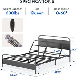 Queen Size Platform Bed Frame with Headboard and Footboard, Adjustable Head Tilt, Modern Design, No Box Spring Needed, Under Bed Storage, No Noise, Ea