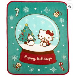NEW Hello Kitty Christmas Snow Globe Teal Red Throw Blanket One Size