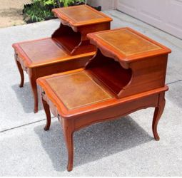 Vintage Leather-Top Two-Tier Side Tables – Set of 2 (Mid-Century)