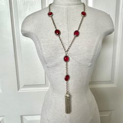Gold Tone Red Stone Y Tassel Pendant Necklace 