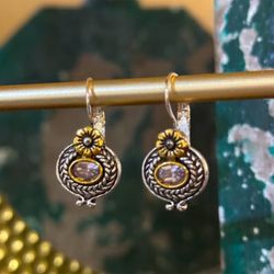 1928 Vintage 90’s Pewter Flower w/Pink Glass Southwestern Leverback Earrings NEW