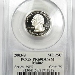 2003-S PCGS PR69 DCAM PROOF Clad Maine Washington State Quarter US 25c 