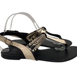 Cream Snakeskin Print Leather T-Strap Sandy