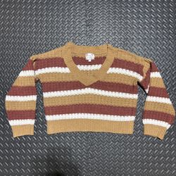 Pink Republic Cropped Sweater Chunky Waffle Knit Striped V-Neck Women’s Medium