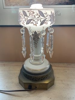 Antique Victorian Opaline Glass Lamp with Gold Floral Design & Crystal Prisms