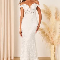 Wedding Dress | Precious Romance White Embroidered Off-the-Shoulder Maxi Dress by Lulus (Size 6)
