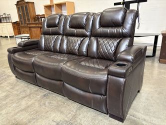 NEW! SIGNATURE DESIGN BY ASHLEY Warnerton Espresso Brown Quilted Leather Power Reclining Sofa with Flip-Down Center Console with Charging Station (Sou