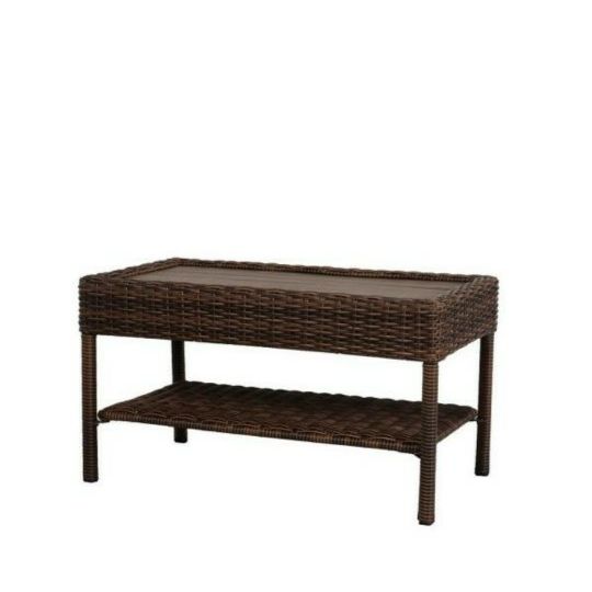 Hampton Bay Cambridge Brown Rectangular Wicker Outdoor Patio Coffee Table with Faux Wood Table Top