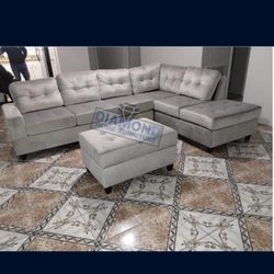 GREY VELVET SECTIONAL W/ OTTOMAN / FLOOR MODEL SPECIAL