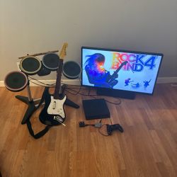 PS4 Rock band 4 set w/ fender Guitar, drums, PS4 console, All tested Works