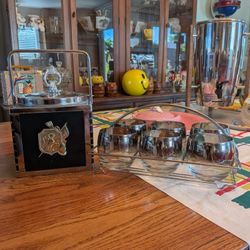 Vintage Mid Century Atomic Set Of Roly Poly Glasses On Caddy And Ice Bucket With Coat Of Arms Barware Bar Ware Man Cave Bar Decor