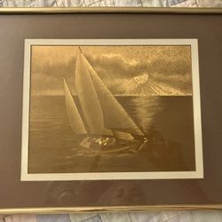 Vintage Gold Foil Etched Sailboat Print•Please Read Description*Measurements in Photos